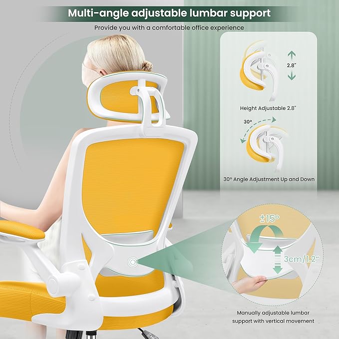 KERDOM Ergonomic Office Chair, Breathable Mesh Desk Chair, Lumbar Support Computer Chair with Headrest and Flip-up Arms, Swivel Task Chair, Adjustable Height Gaming Chair, Yellow - LeafyLoom