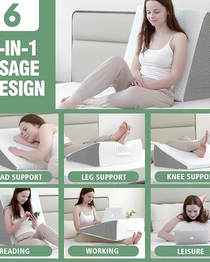 10" Bed Wedge Pillow for Sleeping,Cooling Memory Foam Top,Memory Foam Wedge Pillow for Legs and Back Support,Triangle Wedge Pillow for Acid Reflux Relief & Snoring - LeafyLoom