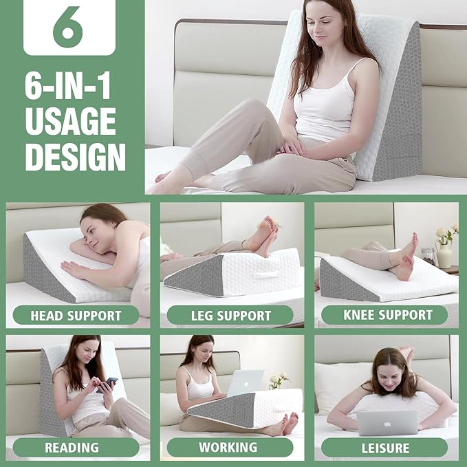 10" Bed Wedge Pillow for Sleeping,Cooling Memory Foam Top,Memory Foam Wedge Pillow for Legs and Back Support,Triangle Wedge Pillow for Acid Reflux Relief & Snoring - LeafyLoom