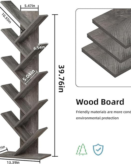 10 Tier Tree Book Shelf, Floor Standing Wood Bookshelf for Narrow Space, Storage Organizer Bookshelves for Books/CDs/Magazine, Bookcase with Shelves for Home Office, Living Room - Light Grey - LeafyLoom