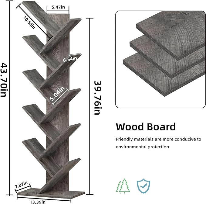 10 Tier Tree Book Shelf, Floor Standing Wood Bookshelf for Narrow Space, Storage Organizer Bookshelves for Books/CDs/Magazine, Bookcase with Shelves for Home Office, Living Room - Light Grey - LeafyLoom
