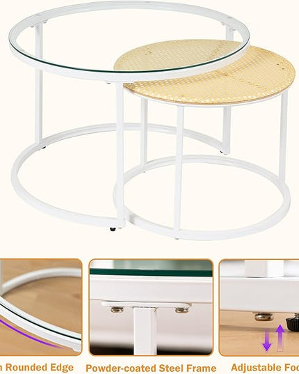 Round Coffee Table Rattan, Boho Coffee Table White, Nesting Coffee Table Set of 2, Circle Coffee Tables for Living Room, Metal Frame - LeafyLoom