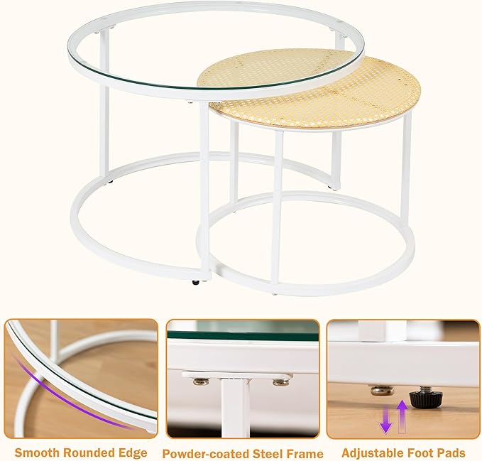 Round Coffee Table Rattan, Boho Coffee Table White, Nesting Coffee Table Set of 2, Circle Coffee Tables for Living Room, Metal Frame - LeafyLoom