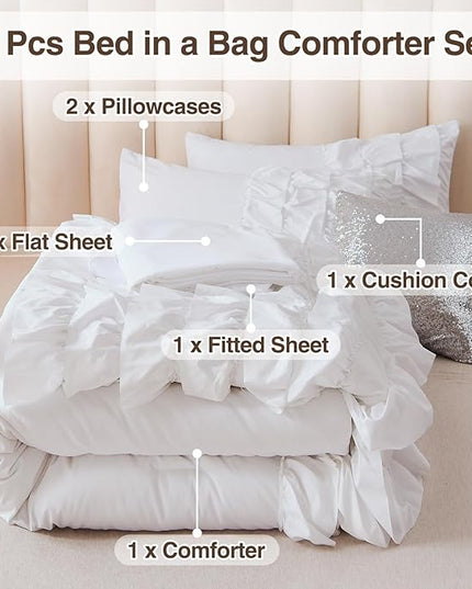 A Nice Night Waterfall Flutter Ruffle Comforter Set,Ruffled Textured Soft Chic Princess 6pcs Bedding Set,with Bling Shiny Sequin Throw Pillow Case,White,Twin - LeafyLoom