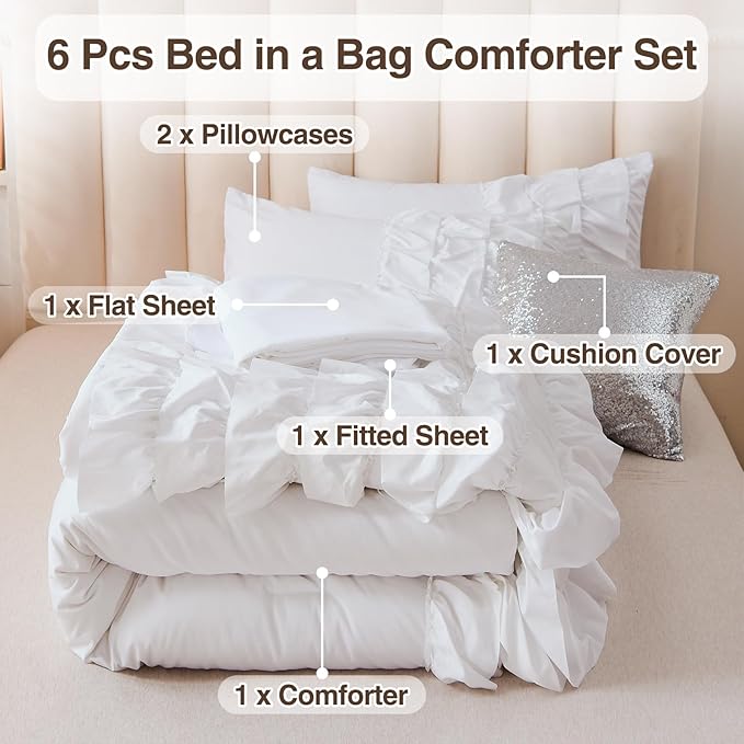 A Nice Night Waterfall Flutter Ruffle Comforter Set,Ruffled Textured Soft Chic Princess 6pcs Bedding Set,with Bling Shiny Sequin Throw Pillow Case,White,Twin - LeafyLoom