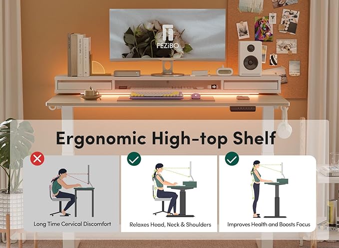 EZIBO 48 * 26 Inch Electric Standing Desk with Monitor Stand, Height Adjustable Table with LED Strips, Ergonomic Home Office Furniture with 2 Drawers Storage Workstation, Light Walnut - LeafyLoom