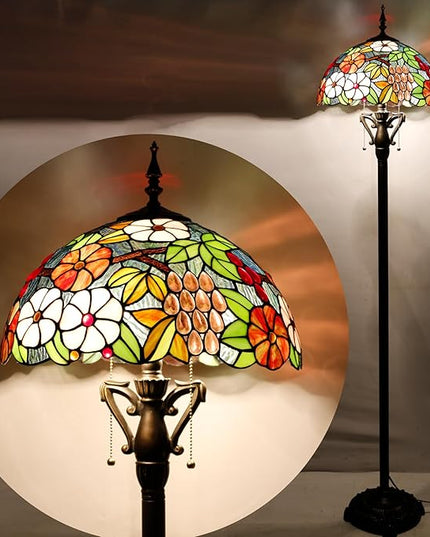 Tiffany Floor Lamp Stained Glass Standing Reading Light 16X16X66 Inch - Green Purple Grape - LeafyLoom
