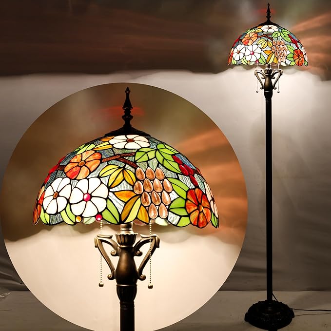 Tiffany Floor Lamp Stained Glass Standing Reading Light 16X16X66 Inch - Green Purple Grape - LeafyLoom