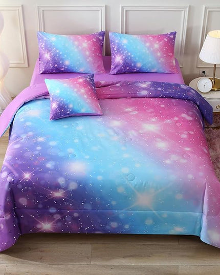 JQinHome Glitter Bedding Set Twin Size,6 Piece Bed in A Bag 3D Colorful Rainbow Galaxy Comforter Set for Girls Kids-All Season Microfiber Tie-Dye Bedding Sets(Blue Purple) - LeafyLoom