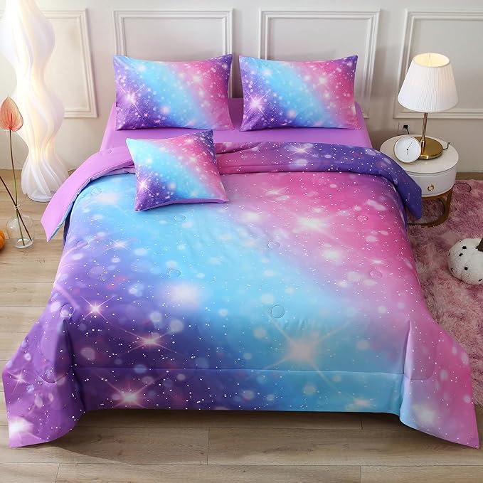 JQinHome Glitter Bedding Set Twin Size,6 Piece Bed in A Bag 3D Colorful Rainbow Galaxy Comforter Set for Girls Kids-All Season Microfiber Tie-Dye Bedding Sets(Blue Purple) - LeafyLoom