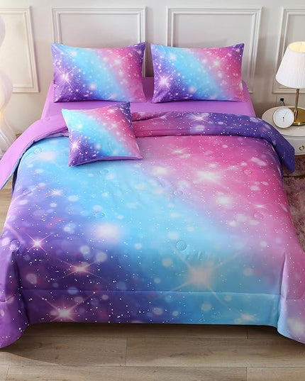 JQinHome Glitter Bedding Set Queen Size,6 Piece Bed in A Bag 3D Colorful Rainbow Galaxy Comforter Set for Girls Kids-All Season Microfiber Tie-Dye Bedding Sets (Blue Purple) - LeafyLoom