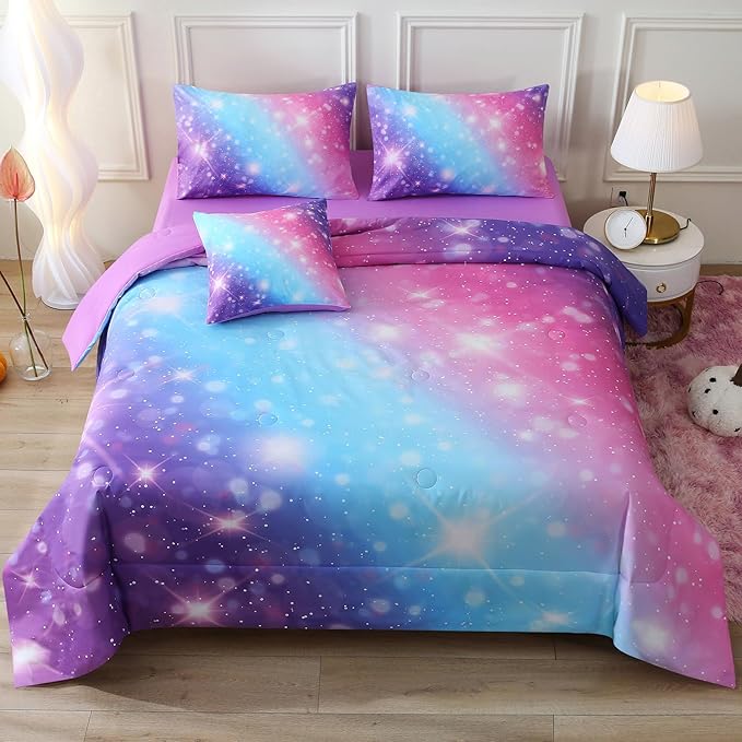 JQinHome Glitter Bedding Set Queen Size,6 Piece Bed in A Bag 3D Colorful Rainbow Galaxy Comforter Set for Girls Kids-All Season Microfiber Tie-Dye Bedding Sets (Blue Purple) - LeafyLoom