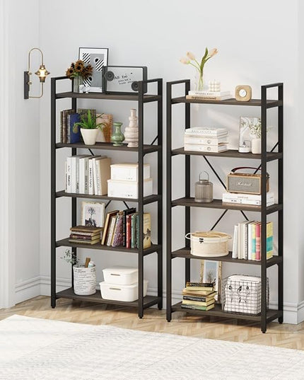 FATORRI 5 Tier Industrial Bookshelf, Rustic Etagere Bookcase for Display, Vintage Shelving Unit Wood and Metal Tall Book Shelves for Home Office (Walnut Brown) - LeafyLoom