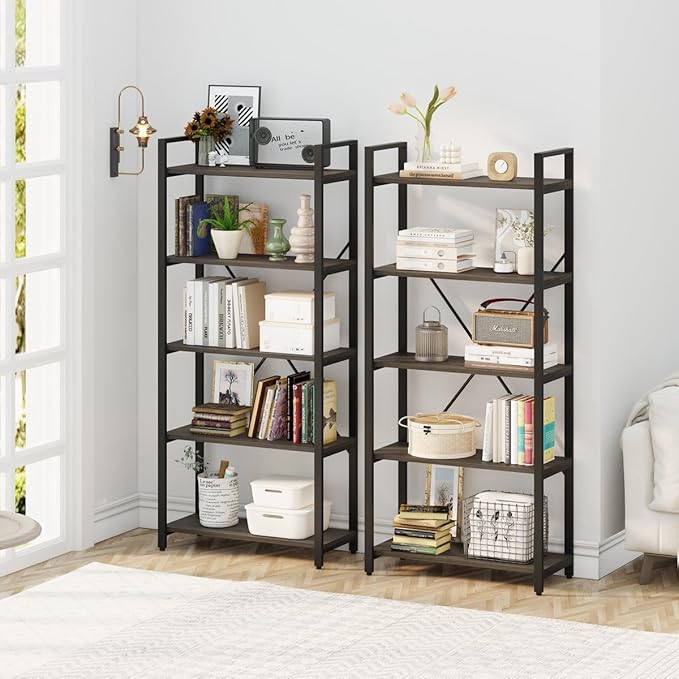 FATORRI 5 Tier Industrial Bookshelf, Rustic Etagere Bookcase for Display, Vintage Shelving Unit Wood and Metal Tall Book Shelves for Home Office (Walnut Brown) - LeafyLoom