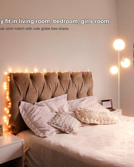 3 Globe Mid Modern Floor Lamp with Orb Frosted Glass Globe and 3000K Warm Light LED Bulbs, Cute Standing Tree Lamp for Living Room, Bedroom, Home & Office - White - LeafyLoom