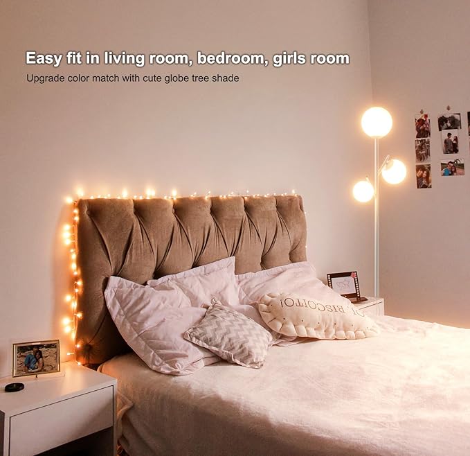 3 Globe Mid Modern Floor Lamp with Orb Frosted Glass Globe and 3000K Warm Light LED Bulbs, Cute Standing Tree Lamp for Living Room, Bedroom, Home & Office - White - LeafyLoom