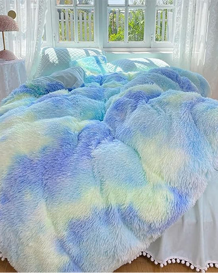 Faux Fur Kids Girls Green Rainbow Comforter Sets King - 3PC Bed Set Warm Comfortable Soft Plush Flannel Velvet Fluffy Fuzzy Bedding（Comforter x 1 Pillowcases x 2） - LeafyLoom