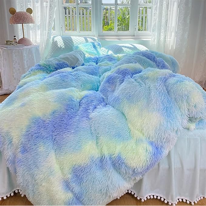 Faux Fur Kids Girls Green Rainbow Comforter Sets King - 3PC Bed Set Warm Comfortable Soft Plush Flannel Velvet Fluffy Fuzzy Bedding（Comforter x 1 Pillowcases x 2） - LeafyLoom