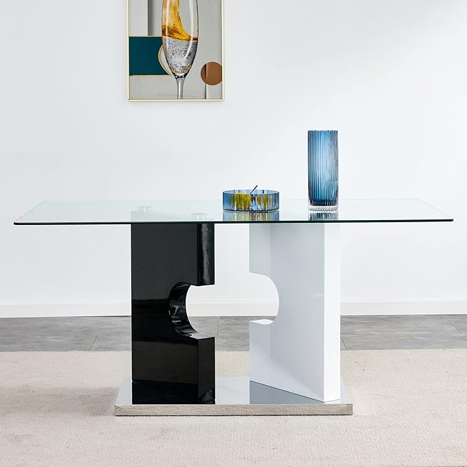 NicBex Large Modern Minimalist Rectangular Glass Dining Table for 6-8 with 0.39" Tempered Glass Tabletop and MDF Slab Special-Shaped Bracket for Kitchen Dining Room Banquet Hall, White + Black - LeafyLoom