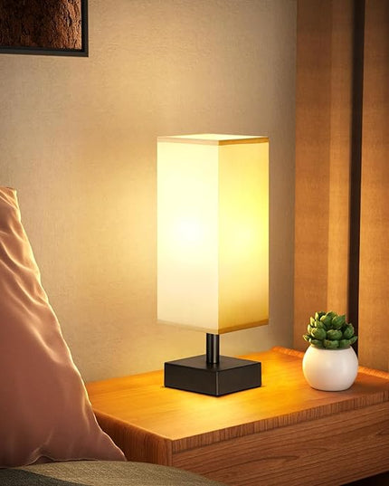 Grey Small Table Lamp for Bedroom - Bedside Lamps for Nightstand, Minimalist Night Stand Light Lamp with Square Fabric Shade, Desk Reading Lamp for Kids Room Living Room Office - LeafyLoom