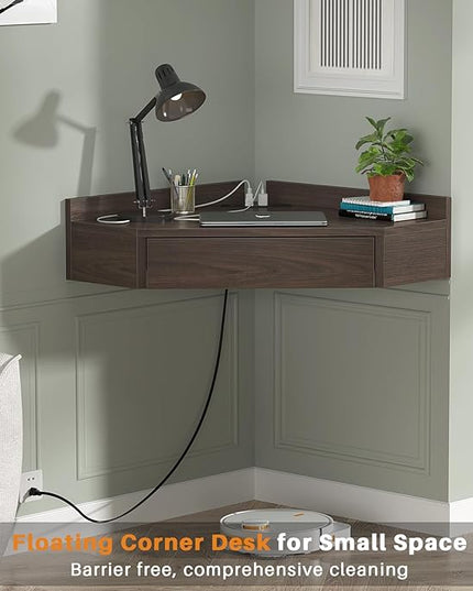 armocity Floating Corner Desk with Outlets & USB Ports, Wall-Mounted Corner Table for Small Space, Triangle Computer Desk with Drawer for Home Office, Vanity Desk, Corner Space, Bedroom, Espresso - LeafyLoom