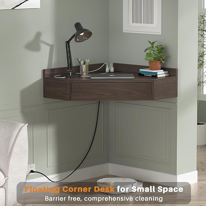 armocity Floating Corner Desk with Outlets & USB Ports, Wall-Mounted Corner Table for Small Space, Triangle Computer Desk with Drawer for Home Office, Vanity Desk, Corner Space, Bedroom, Espresso - LeafyLoom