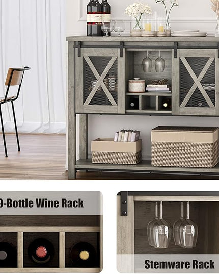 IDEALHOUSE Buffet Storage Cabinet Farmhouse Wine Cabinet Coffee Bar Table with Wine Glass Rack and Storage, Wood Buffets and Sideboards with Barn Mesh Door for Kitchen, Dining, Living Room - LeafyLoom
