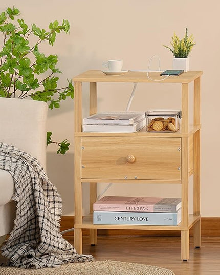 Lerliuo Nightstand with Charging Station and USB Ports, 3-Tier Storage End Table with Drawer Shelf, Night Stand for Small Spaces, Wood Bedside Table for Living Room, Bedroom - Natural Wood - LeafyLoom
