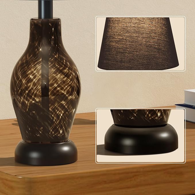 Small Bedside Table Lamp Set of 2, Wine Bottle Shape Glass Body, Warm Ambient Lighting, Bulb Included, 14" Height, Black - LeafyLoom