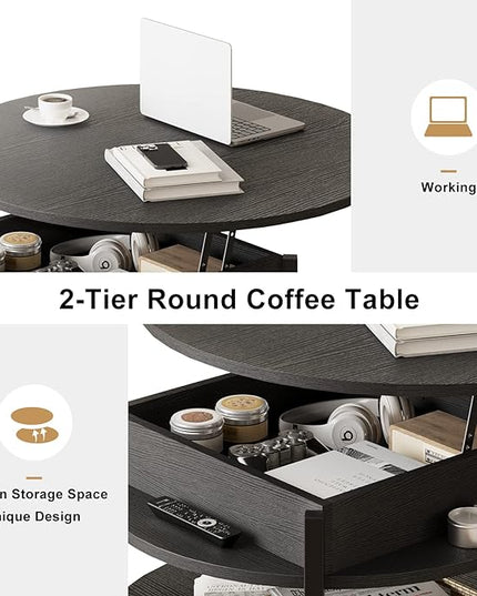 FABATO Round Lift Top Coffee Table for Living Room, 35.43'' Round Coffee Table with Storage and Hidden Compartment, 2 Tier Large Farmhouse Coffee Table Round Dining Table, Black - LeafyLoom