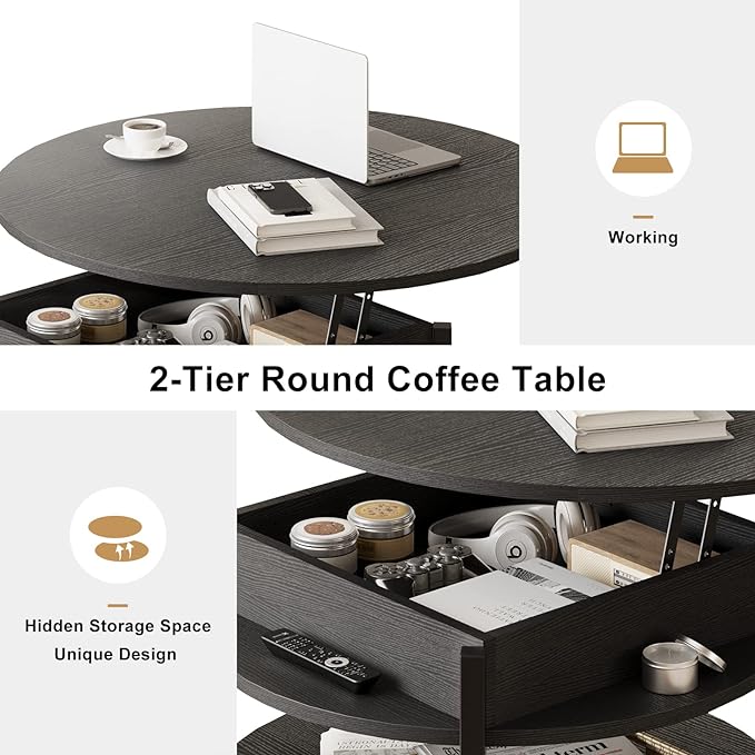 FABATO Round Lift Top Coffee Table for Living Room, 35.43'' Round Coffee Table with Storage and Hidden Compartment, 2 Tier Large Farmhouse Coffee Table Round Dining Table, Black - LeafyLoom
