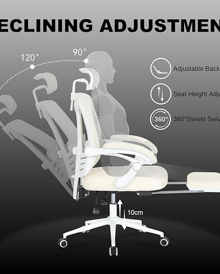 Vonesse Ergonomic Office Chair with Footrest Computer Mesh Office Chair with Footrest Big and Tall Office Chair High Back Comfy Home Office Chair for Heavy People Desk Chair Beige/Cream - LeafyLoom