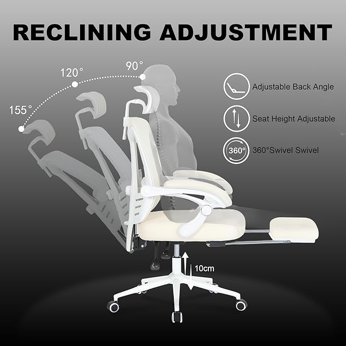 Vonesse Ergonomic Office Chair with Footrest Computer Mesh Office Chair with Footrest Big and Tall Office Chair High Back Comfy Home Office Chair for Heavy People Desk Chair Beige/Cream - LeafyLoom