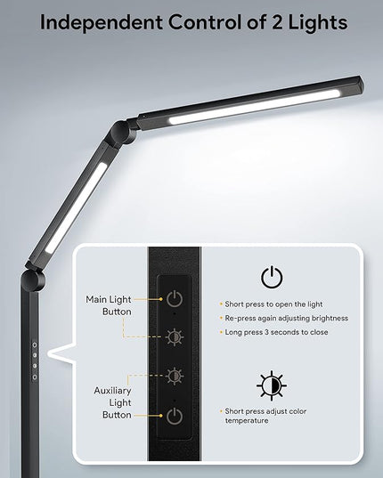MediAcous LED Desk Lamp with Clamp, Dual Light Desk Lamp with Swing Arm, 4 Color Modes & 4 Brightness Metal Table Lamp, Eye-Caring Clip-on Lamp with Memory Function for Home Office Work Study - LeafyLoom
