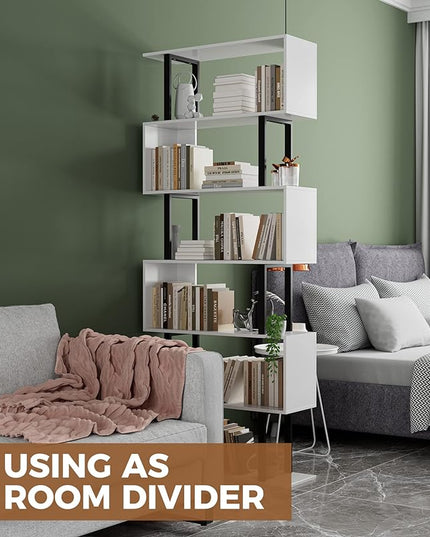 Gadroad 6 Tier Geometric Bookcase,S Shaped Bookshelf, Wood Decorative Storage Shelving, Modern Freestanding Display Shelves, Tall Book Shelf Unit for Living Room Bedroom, White - LeafyLoom