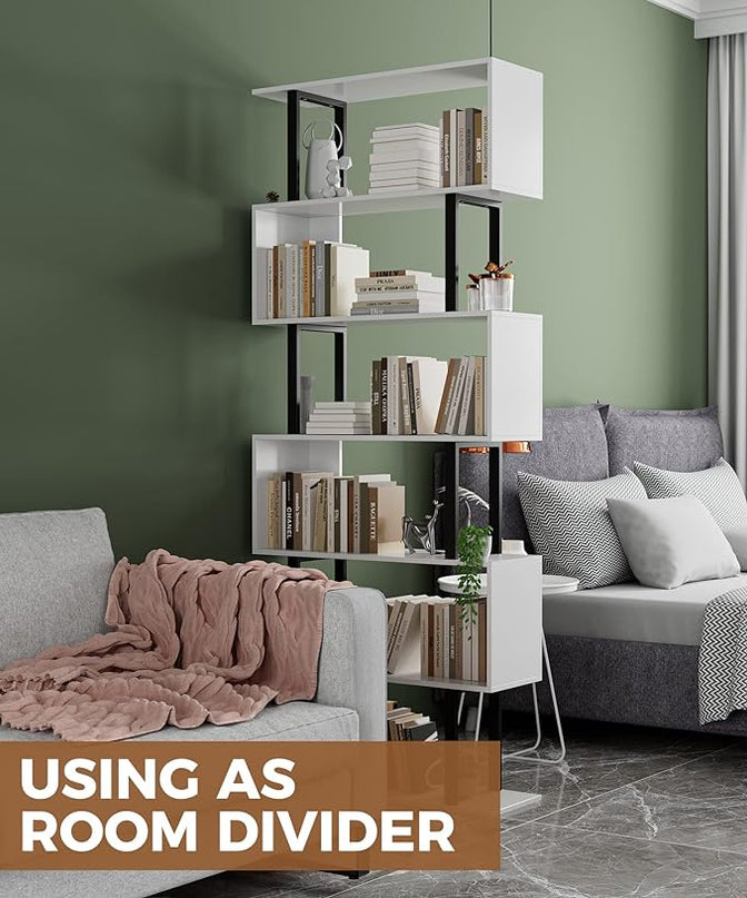 Gadroad 6 Tier Geometric Bookcase,S Shaped Bookshelf, Wood Decorative Storage Shelving, Modern Freestanding Display Shelves, Tall Book Shelf Unit for Living Room Bedroom, White - LeafyLoom