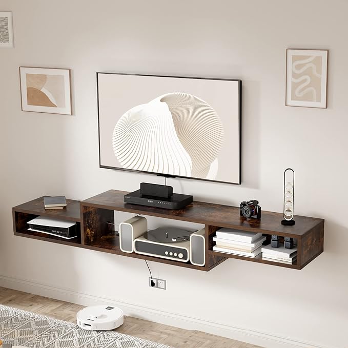 Floating TV Stand Wall Mounted with Power Outlet 59", Floating Entertainment Center, Wood Media Console Shelf for Under TV Storage for Living Room Bedroom Office Rustic Brown - LeafyLoom