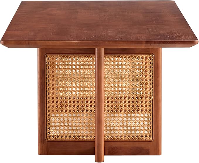 Rattan Coffee Table Rectangular Solid Wood Coffee Table with Cross Table Legs for Living Room Furniture - LeafyLoom