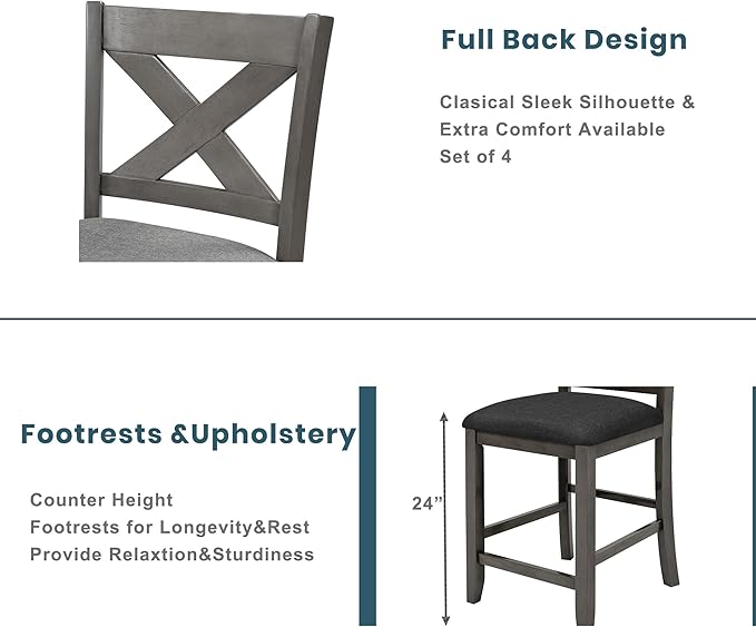 Farmhouse Style Counter Height Rustic 4 Chairs, Long-Lasting Solid Rubber Wooden Bar, Easy Assembly, Room, Kitchen, 5 Piece Dining Table Set, Gray 10 - LeafyLoom