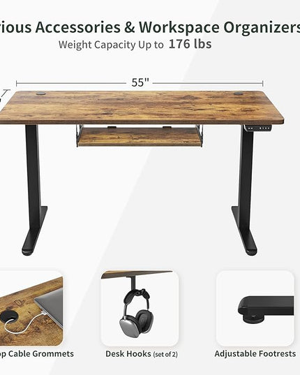 BANTI 55" x 24" Height Adjustable Electric Standing Desk with Keyboard Tray, Sit Stand up Desk with Splice Board, Black Frame/Rustic Brown Top - LeafyLoom