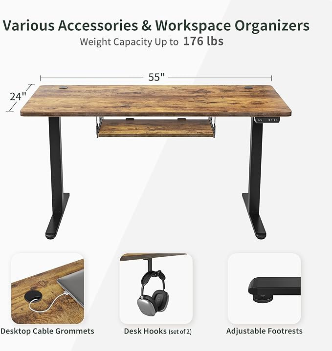 BANTI 55" x 24" Height Adjustable Electric Standing Desk with Keyboard Tray, Sit Stand up Desk with Splice Board, Black Frame/Rustic Brown Top - LeafyLoom