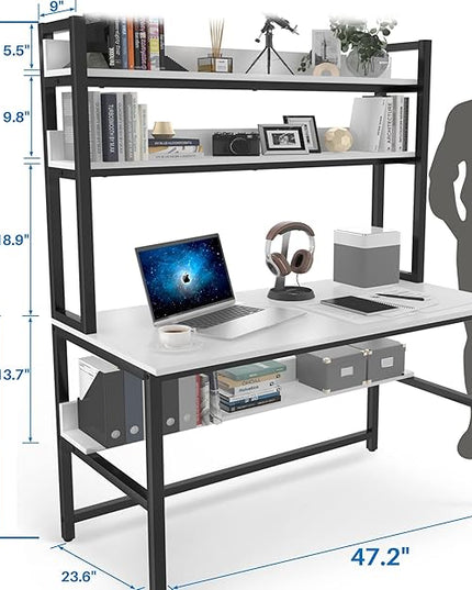 Aquzee Computer Desk with Hutch and Bookshelf, 47 inch Wide White Home Office Desk with 3 Tier Storage Shelves, for Study Writing Work, Easy Assemble - LeafyLoom