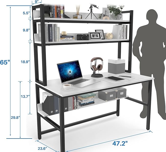 Aquzee Computer Desk with Hutch and Bookshelf, 47 inch Wide White Home Office Desk with 3 Tier Storage Shelves, for Study Writing Work, Easy Assemble - LeafyLoom