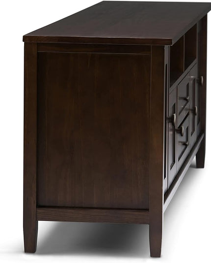 SIMPLIHOME Warm Shaker SOLID WOOD Universal TV Media Stand, 72 Inch Wide, Farmhouse Rustic, Living Room Entertainment Center, for Flat Screen TVs up to 80 Inch in Tobacco Brown - LeafyLoom
