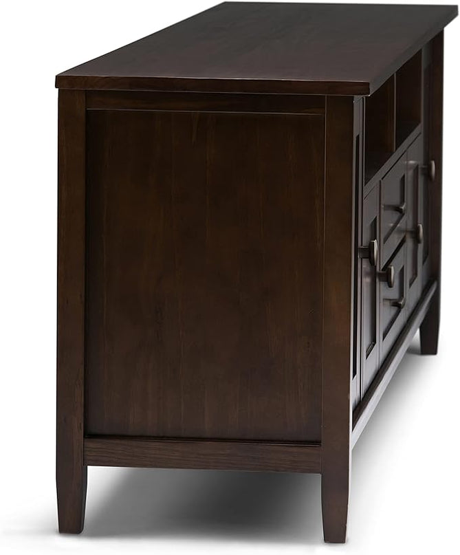 SIMPLIHOME Warm Shaker SOLID WOOD Universal TV Media Stand, 72 Inch Wide, Farmhouse Rustic, Living Room Entertainment Center, for Flat Screen TVs up to 80 Inch in Tobacco Brown - LeafyLoom
