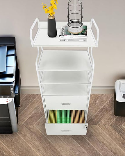 Vertical File Cabinet, 2 Drawer Mobile Filing Cabinet with 3 Bookshelf, Printer Stand with Open Storage Shelves Fits A4/Letter/Legal Size File Cabinets for Home Office Organizer, White - LeafyLoom