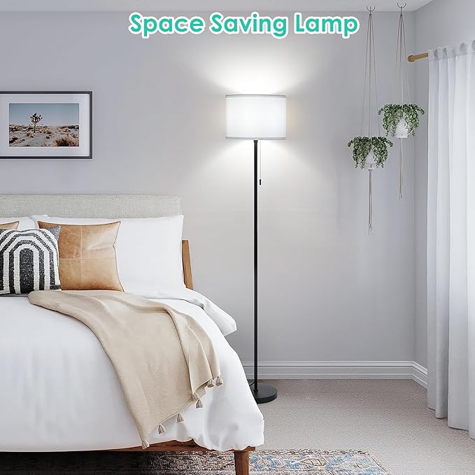 FOLKSMATE Floor Lamp for Living Room, Modern LED Simple Standing Lamps, Minimalist Tall Lamp for Bedroom, Living Room, Office, Kids Room, Reading Light, Black Pole Lamp with White Shade, without Bulb - LeafyLoom