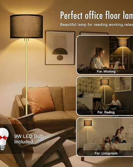 BoostArea Gold Floor Lamp Standing Lamp, 9W LED Floor Lamps with 3 Color Temperatures, Simple Tall Lamp with Linen Lampshade, On/Off Footswitch, Pole Lamps for Living Room, Bedroom, Office, Black - LeafyLoom