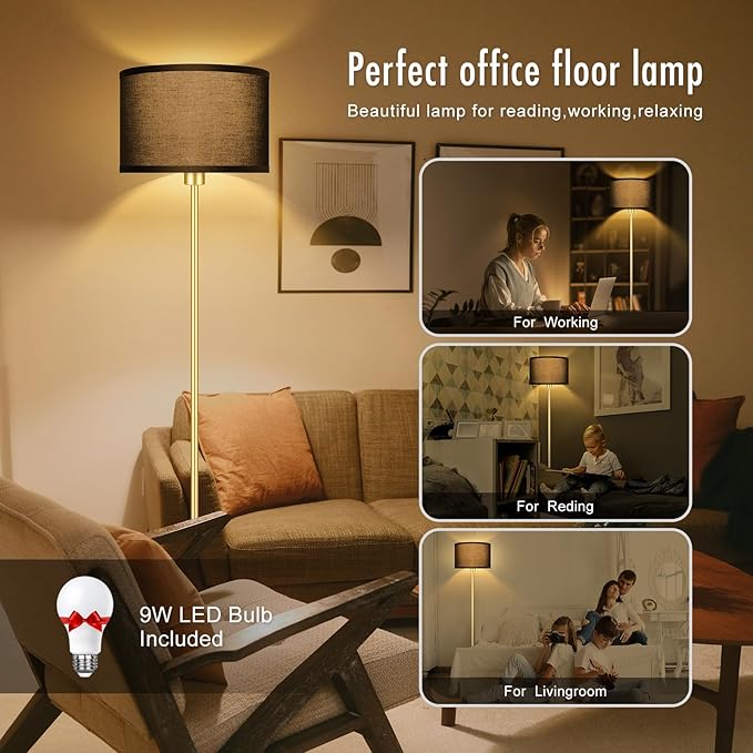 BoostArea Gold Floor Lamp Standing Lamp, 9W LED Floor Lamps with 3 Color Temperatures, Simple Tall Lamp with Linen Lampshade, On/Off Footswitch, Pole Lamps for Living Room, Bedroom, Office, Black - LeafyLoom