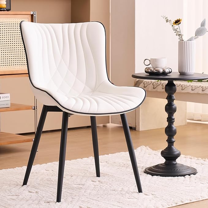 YOUTASTE White Dining Chairs Set of 2 Upholstered Mid Century Modern Kitchen Dining Room Chairs Armless Faux Leather Accent Chairs Metal Vanity Lounge Chair with Back for Living Room Bedrooms - LeafyLoom